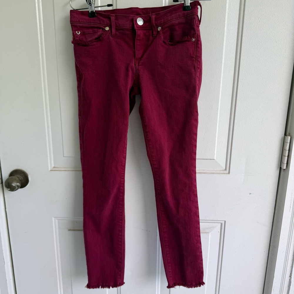 True‎ Religion Casey Maroon Low Rise Super Skinny Frayed Ankle Denim Jeans sz 26